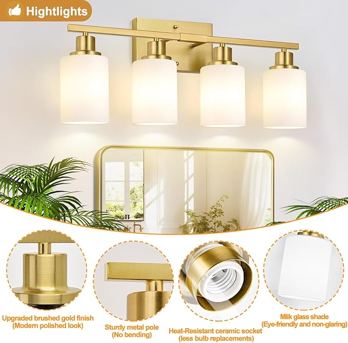 Indoi 4-Light Bathroom Light Fixtures, Brushed Gold Vanity Lights with Milk Glass Shades, Modern Bathroom Wall Lamp for Mirror Living Room Bedroom Porch