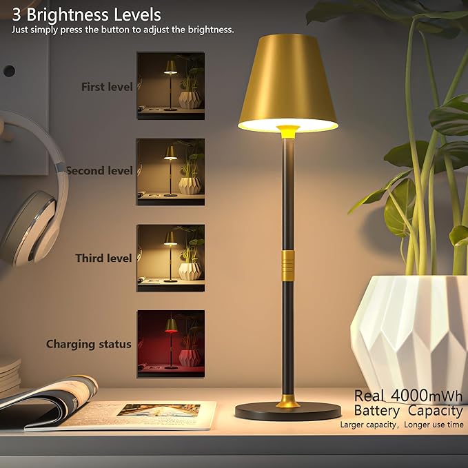 Timjorman 1-Pack Cordless Table Lamps - 5000mAh Rechargeable Battery Operated Desk Lamp, 3-Level Dimmable LED Night Light for Bedroom, Dining, Restaurant - Metal Design(Gold&Black-1Pack)