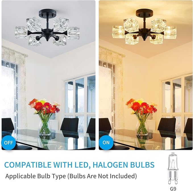 XINGQI Modern Sputnik Chandelier 6-Lights Black Ceiling Light Fixture Small Farmhouse Semi Flush Mount Ceiling Light Glass Industrial Lighting for Hallway Dining Room Living Room Kitchen Bedroom