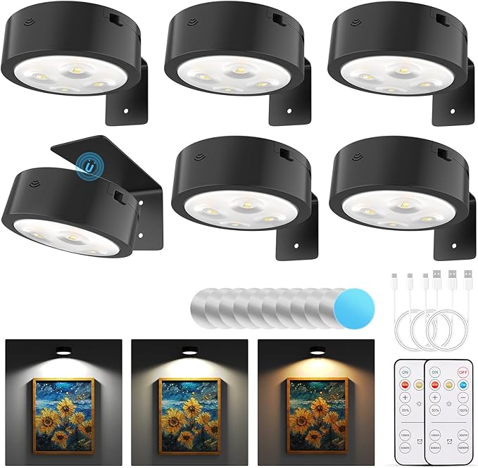 Narotood 6 Pack Picture Lights for Wall, Rechargeable Battery Operated Wall Lights, Picture Frame Lights with 3 Lighting Modes, Wireless Magnetic Painting Light with Remote Control Timer, (Black)