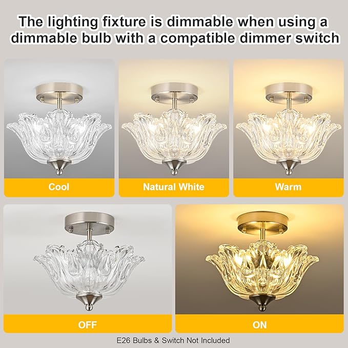 Semi Flush Mount Ceiling Light, Brushed Nickel Light fixtures with Floral Clear Glass Shade, Modern Close-to-Ceiling Lighting for Bedroom Kitchen Living Room Hallway