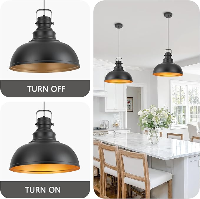 Refice 16 Inch Farmhouse Pendant Lights Kitchen Island Black Pendant Lighting Industrial Dome Island Pendant Lights, Adjustable Height, Hanging Lights, Dining Room, Barn