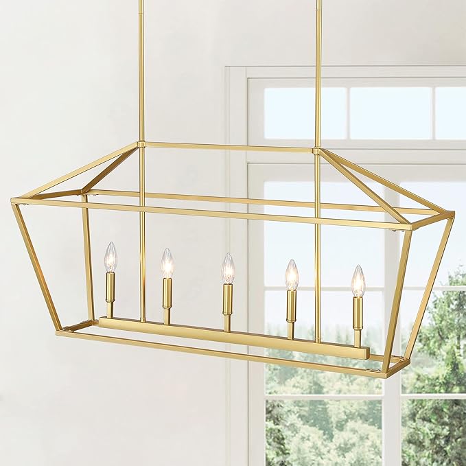 Untrammelife 5-Light Kitchen Island Pendant Lighting Gold Lantern Pendant Linear Chandelier Modern Rectangle Light Fixtures with Adjustable Rod for Dining Table Kitchen