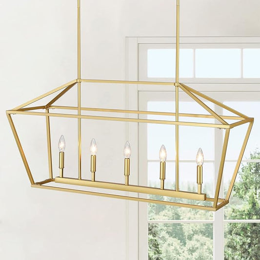 Untrammelife 5-Light Kitchen Island Pendant Lighting Gold Lantern Pendant Linear Chandelier Modern Rectangle Light Fixtures with Adjustable Rod for Dining Table Kitchen