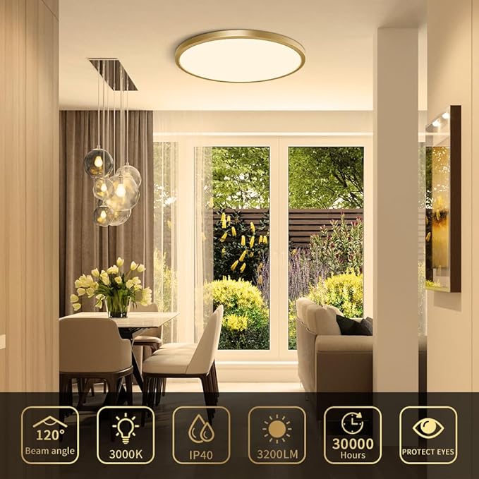 12 Inch Gold LED Ceiling Light, 3000K Warm White, 24W Gold Flush Mount Ceiling Light, 3200LM Round Low Profile Ceiling Lights for Bedroom, Living Room, Dining Room
