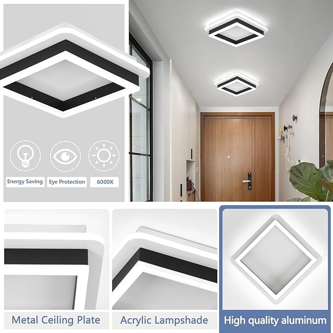 CANEOE 2 Packs Square Flush Mount Ceiling Light, 6000K Black Modern LED Ceiling Light Fixture, Minimalist Hallway Lighting Fixture Ceiling Lamp for Hallway Entryway Bedroom Balcony