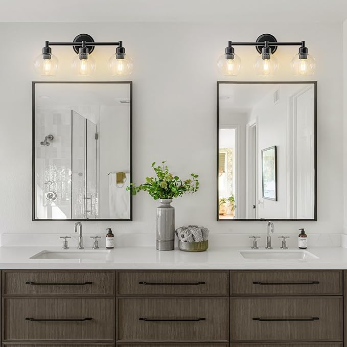 Modern Black Bathroom Vanity Lights,3-Light Matte Black Bathroom Light Fixture with Clear Glass Globe Shades, Adjustable Brightness Vanity Lighting fixtures for Kitchen,Bedroom,Hallway