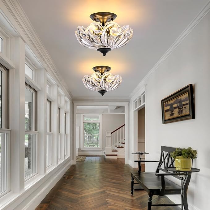 HuixuTe Modern Semi Flush Mount Ceiling Light, 3-Light Black Close to Ceiling Light Fixture with Clear Glass Shade for Living Room Entryway Bedroom
