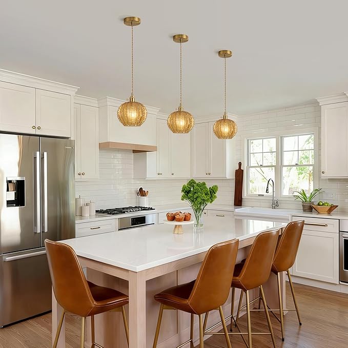 Amber Glass Pendant Light Fixtures,Vintage Antique Champagne Gold Pendant Lights Mid Century Modern Pendant Lights Suitable for Kitchen Island Dining Table Bedroom Bathroom and Above the Sink