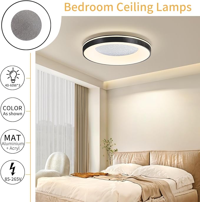 LED Flush Ceiling Light, 19in Black Round Ceiling Light Dimmable 3000K/4500K/6500K Color Recessed Lamp for Living Room, Bedroom, Office,Hallway
