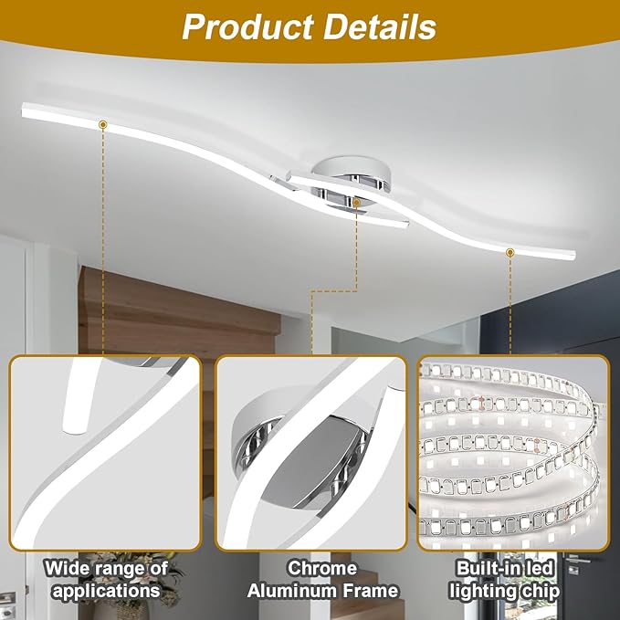 39.37Inch Linear Ceiling Light 6000K Chrome Modern Ceiling Light Fixture 28W Long Flush Mount Ceiling Lamp for Hallway, Kitchen, Bedroom, Dining Room