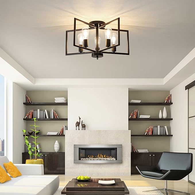 5-Light Black Semi-Flush Mount Ceiling Chandeliers, Geometric Five-Pointed Star Shape Industrial Metal Lighting Fixture for Foyer Entryway Hallway Living Room Modern Farmhouse Kitchen Island