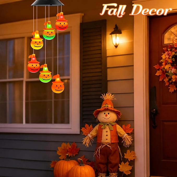 Halloween Decorations, Fall Decor Birthday Gifts for Women, Winzwon Solar Lights Outdoor Wind Chimes for Outside Garden Yard Patio Porch Decor Hanging Pumpkin Autumn Lights