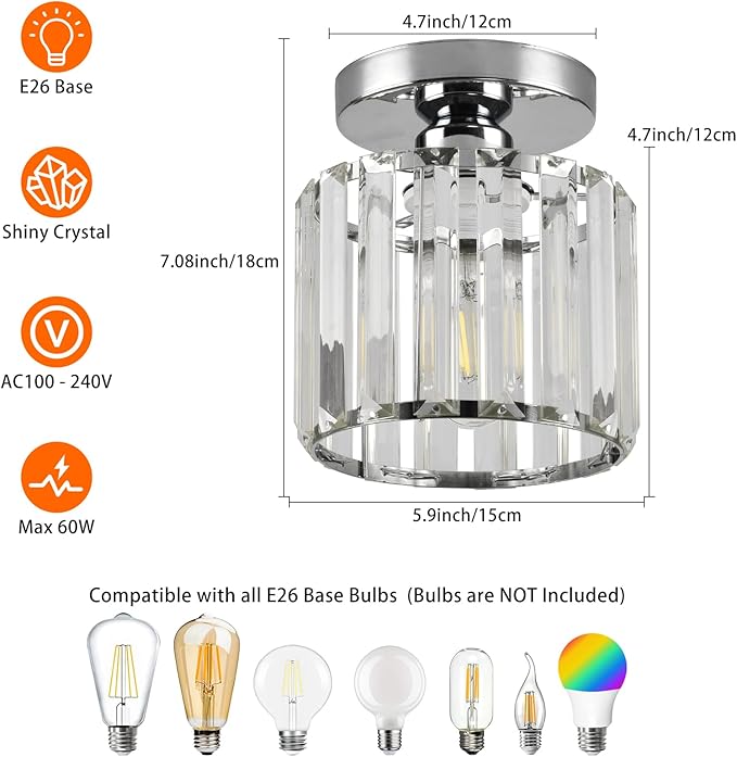 Semi Flush Mount Ceiling Light, Crystal Ceiling Light Silver Crystal Chandelier for Kitchen Hallway Entrance Balcony Dining Rooms Living Rooms Bar