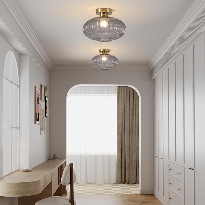 BOKT Mid Century Globe Ceiling Light Fixture Farmhouse Smoke Grey Glass Ceiling Light Industrial Hallway Stripe Ceiling Lamp for Bathroom Entryway
