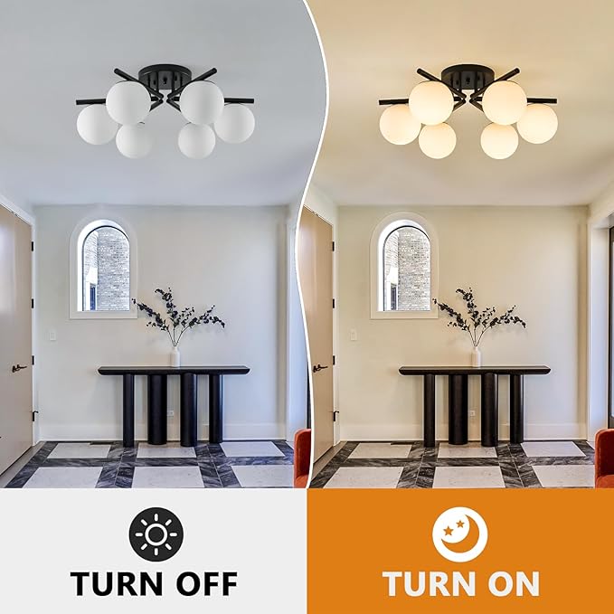 6-Light Sputnik Ceiling Light Fixture, Semi Flush Mount Ceiling Light with Milk Glass Globes, Black Mid Century Modern Chandelier for Living Room Bedroom Dining Room Hallway
