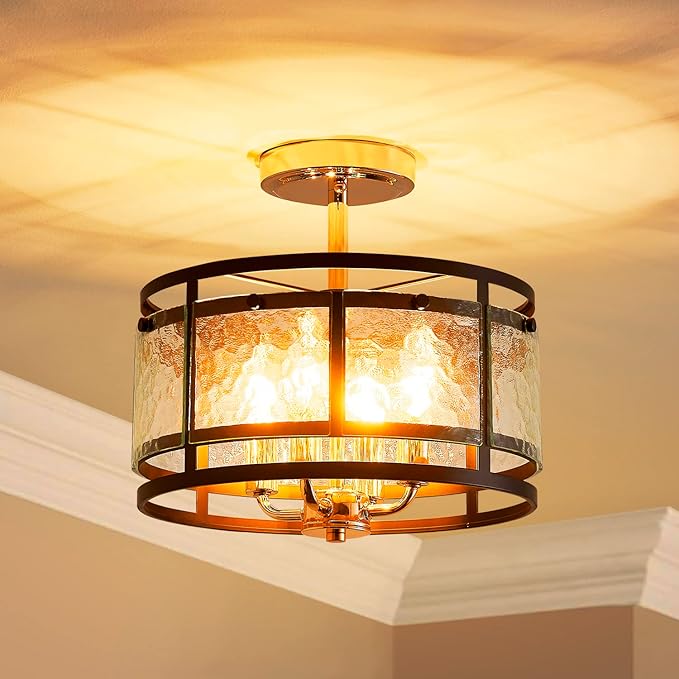 AGV LIGHTING Ceiling Light Fixture, Semi Flush Ceiling Light, 4-Lights, Hazy GlassMatte Black & Shine Gold Finish, D12 x H8 inch