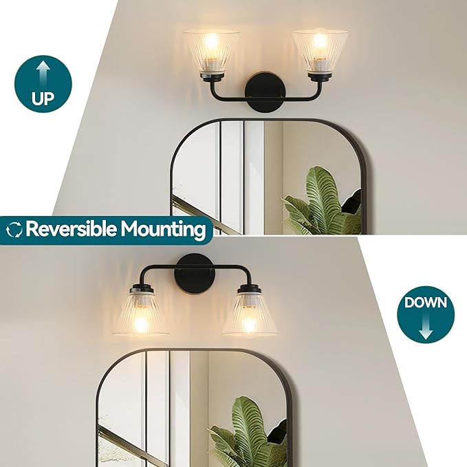 Modern Black Bathroom Vanity Light, 2-Light Wall Sconce with Clear Ribbed Glass Shades, Farmhouse Industrial Light Fixture for Bathroom, Vanity Mirror, Powder Room, Hallway (black, Powder Coated, 2)