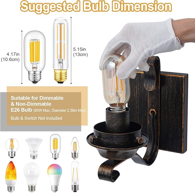 Yisuro Hardwired Wall Sconce,Oil Rubbed Bronze Hardwired Wall Sconce Indoor, Retro Rustic Wall Lamps with Amber Glass,Vintage Bedside Sconces Wall Lighting for Living Room Bathroom