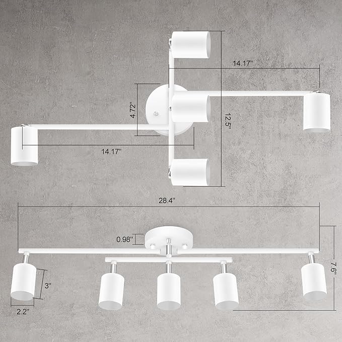 Track Lighting Fixtures Ceiling, LED Track Lighting, White Kitchen Lights for Bedroom, 28.4" Ceiling Spot Light Kit, 5 Light Wall Light with Rotatable Heads, Living Room Decor(GU10 Socket, NO Bulb)