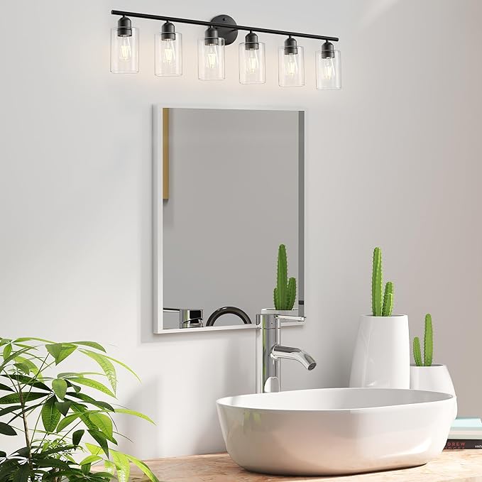 Espird 6 Lights Bathroom Vanity Light Fixtures Matte Black,Rustic Farmhouse Vanity Lighting Over Mirror Modern Industrial Lamp with Cylinder Glass Shade UL Certified