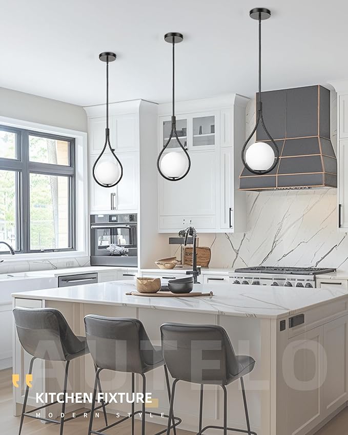 AUTELO Black Pendant Lights Kitchen Island, 1-Light Pendant Lights with Milky White Globe Glass, Modern Pendant Light Fixtures, Black Hanging Lamp for Kitchen Island H9377 MGBK