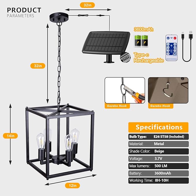 Solar Chandelier Outdoor, 14" Farmhouse Waterproof Dimmable Hanging Pendant Lights for Gazebo, Pergola, Canopy Decor