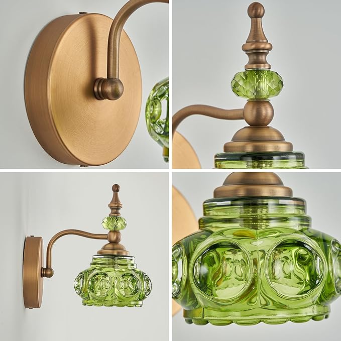 2-Pack Wall Sconces Green + Brass Bathroom Vanity Lighting Fixtures, Vintage Vanity Light Rust-Proof and Durable for Bedroom Living Room Hallway