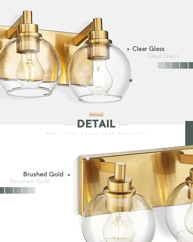 Bathroom Light Fixtures, 5 Light Brushed Gold Vanity Light, 32 Inch Modern Wall Sconces with Globe Clear Glass Shade, Vanity Lighting Fixtures Over Mirror, VL195-BG-CL-5