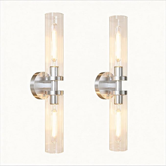 Wall Sconces 2-Pack, Hardwired Bathroom Light Fixtures, Modern Farmhouse Vanity Wall Lighting with Clear Glass Shades, E26 Base Wall Sconce Wall Lights for Bathroom Wall Decor, Brushed Nickel