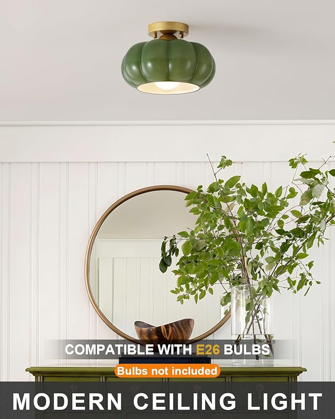 Vintage Semi Flush Mount Ceiling Light,Mid Century Modern Ceiling Light Fixtures,10 Inch Green Glass Shade with a Gold Base,for Bedroom, Kitchen, Hallway, Entryway, and Balconie