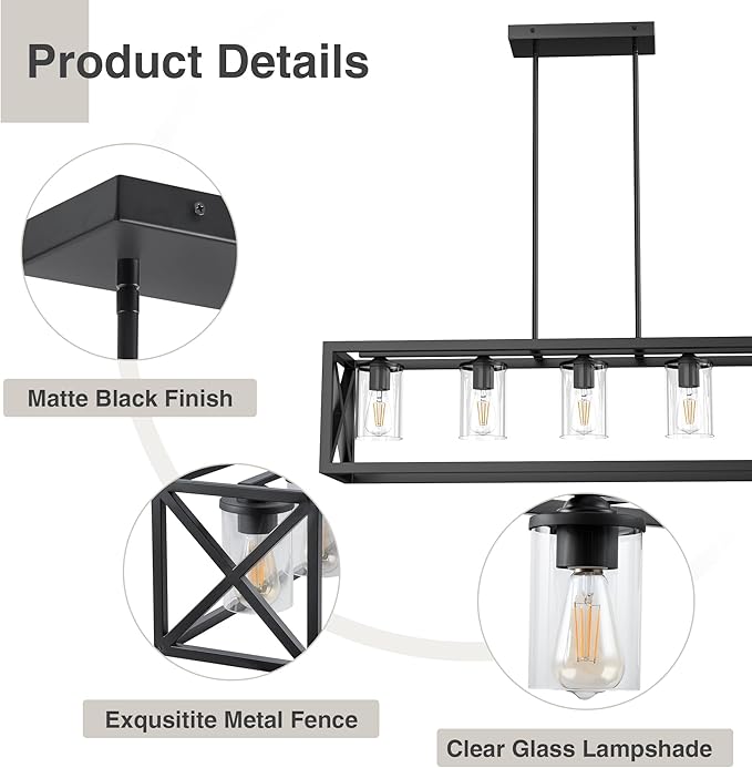 Espird Farmhouse Dining Room Light Fixture - 5 Light Matte Black Rectangle Light Fixture with Adjustable Height & Thickened Metal Dining Table Fixture Chandeliers for Dining Room&Kitchen Island