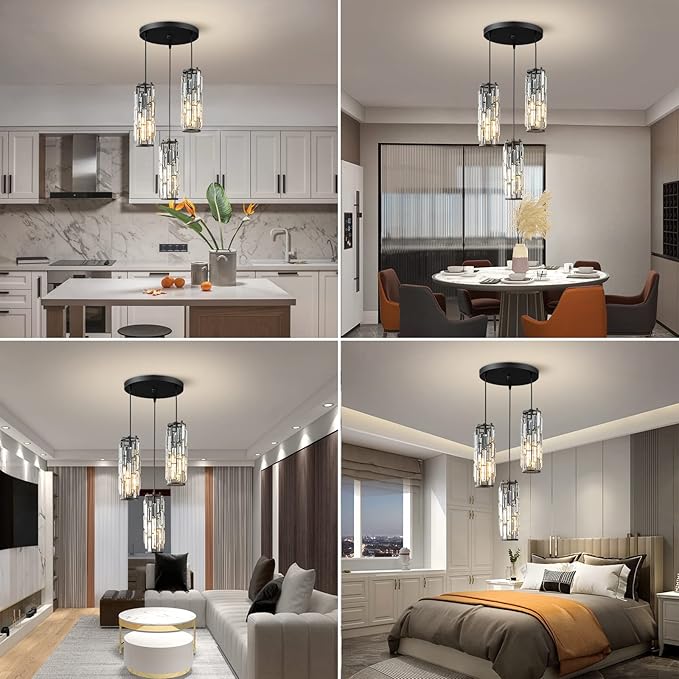 LMQNINE 3 Light Black Pendant Lighting Modern Pendant Light, Mini Crystal Chandeliers,Adjustable Pendant Light Fixture for Kitchen Island Dinning Room Bedroom (Black 3-Light)