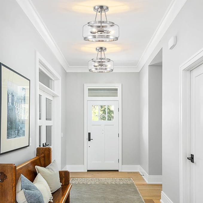 Brushed Nickel Modern Glass Ceiling Light, 3-Light Drum Semi Flush Mount Ceiling Light , Entryway Light Fixture, 11.81" Ceiling Lamp for Hallway Bedroom Laundry Room Dining Room Kitchen Light Fixtures