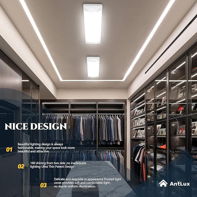 ANTLUX 2FT LED Linear Flush Mount Light, 20W/2400LM, 4000K Neutral White, 2 Foot Kitchen LED Ceiling Lighting Fixtures, 24 Inch Low-Profile Wraparound Puff Lights for Laundry Closet Garage, 2 Pack