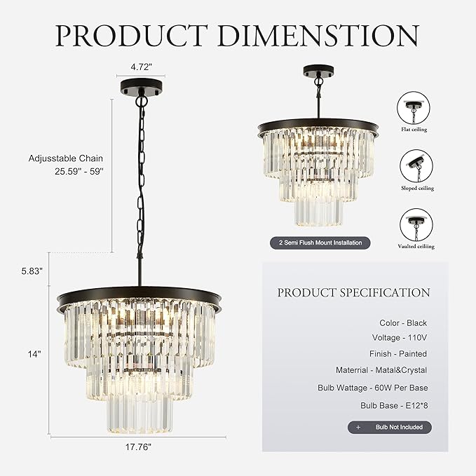 8-Light Black Crystal Pendant Light, 3-Tier 17.76" Luxury Crystal Pendant Light Perfect for Dining Room, Bedroom, Kitchen, Living Room