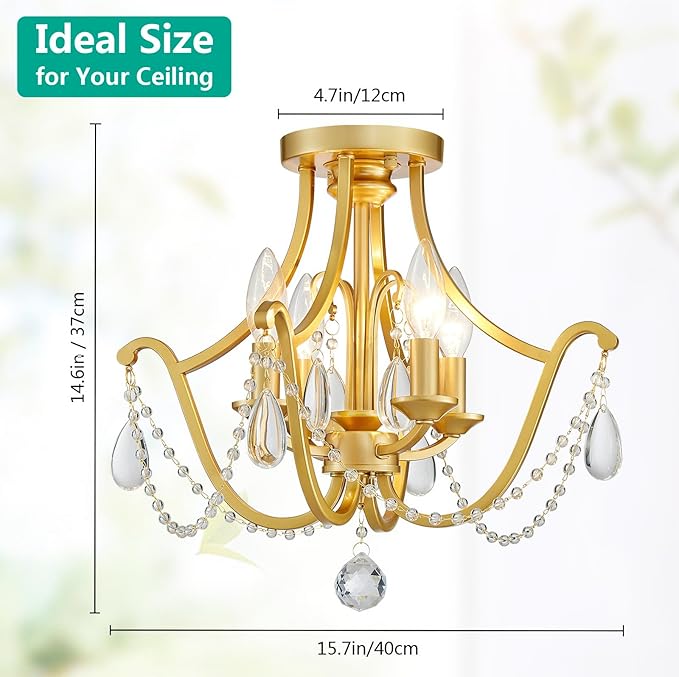 Modern 4-Light Maria Theresa Candle Chandelier Ceiling Light, Gold Ceil Light Fixture for Dining Room, Living Room, Bedroom, Farmhouse Style, Vintage Antique Design, D15.7*H14.6inch