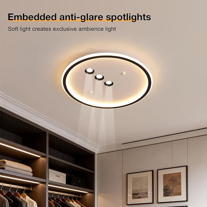 Modern Round LED Flush Mount Ceiling Light with Black Finish & 3 Adjustable Spotlights, Dimmable Soft Glow Ceiling Lighting for Living Room Bedroom Hallway