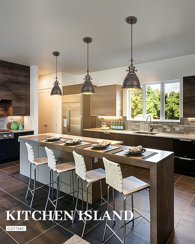Bronze Pendant Lights Kitchen Island 3 Pack, Vintage Pendant Light, 6.5’’ Farmhouse Kitchen Light Fixtures, Adjustable Height, Pendant Lighting for Dining Room, Living Room, Sink, Bar