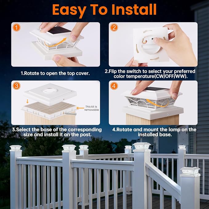 Brightever 4x4 3.5x3.5 Solar Post Cap Lights, 4-Pack Outdoor Solar Powered Fence Post Lights Fit Vinyl/Wood Posts, 2 Modes(Warm/Cool Light), Solar Waterproof Deck Post Lights for Garden, Patio, White