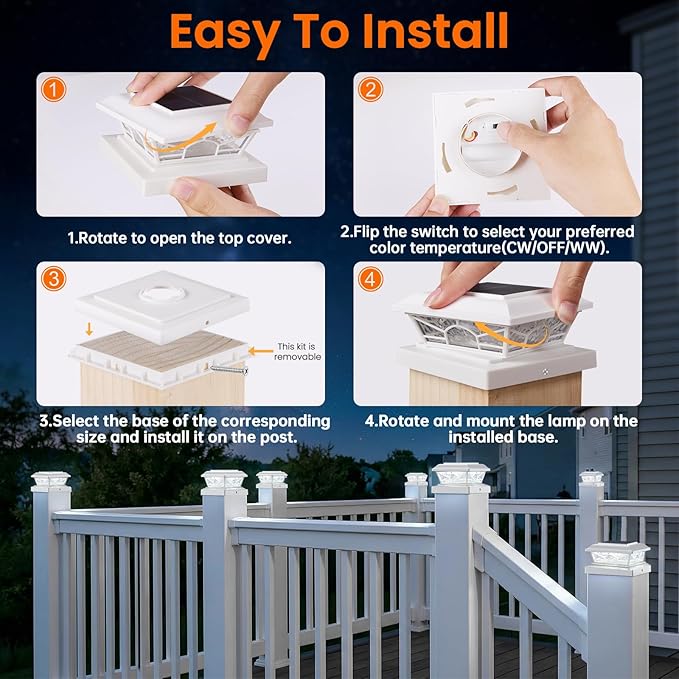Brightever 4x4 3.5x3.5 Solar Post Cap Lights, 8-Pack Outdoor Solar Powered Fence Post Lights Fit Vinyl/Wood Posts, 2 Modes(Warm/Cool Light), Solar Waterproof Deck Post Lights for Garden, Patio, White