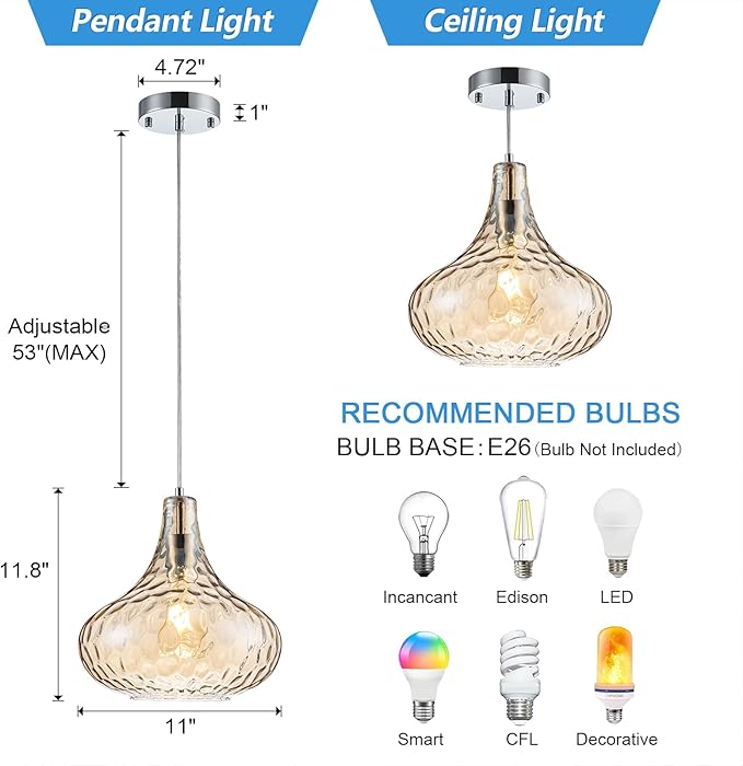 Amber Glass Pendant Light - 11-Inch Hammered Glass Ceiling Light with Brushed Nickel Finish, Adjustable Hanging Cord, Modern Lighting for Kitchen Island, Dining Room, Living Room & Hallway