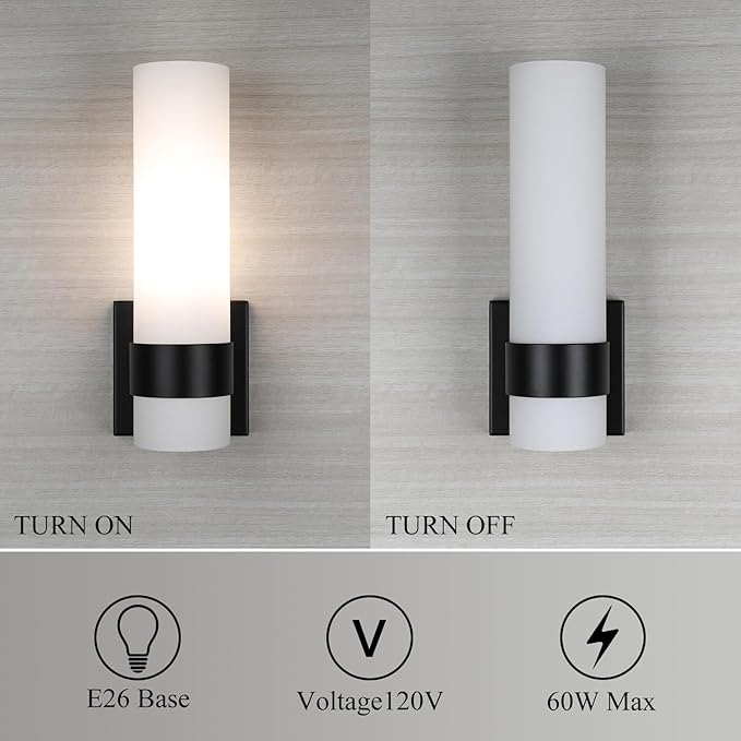XiNBEi Lighting Black Wall Sconce, Modern Bathroom Sconce Light with White Glass Single Wall Light Fixtures for Hallway Bedroom & Living Room Corridor XB-W1185-MB