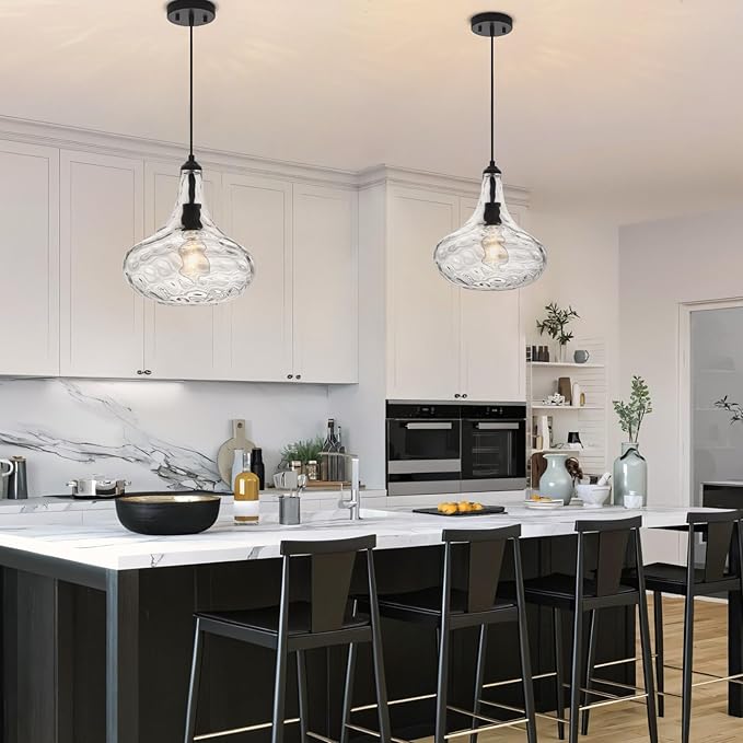 11" Large Glass Pendant Lights for Kitchen Island,Blown Glass Pendant Light Fixture,1 Light Black Farmhouse Hanging Light for Hallway,Bedroom, Living Room Tall 14 inch