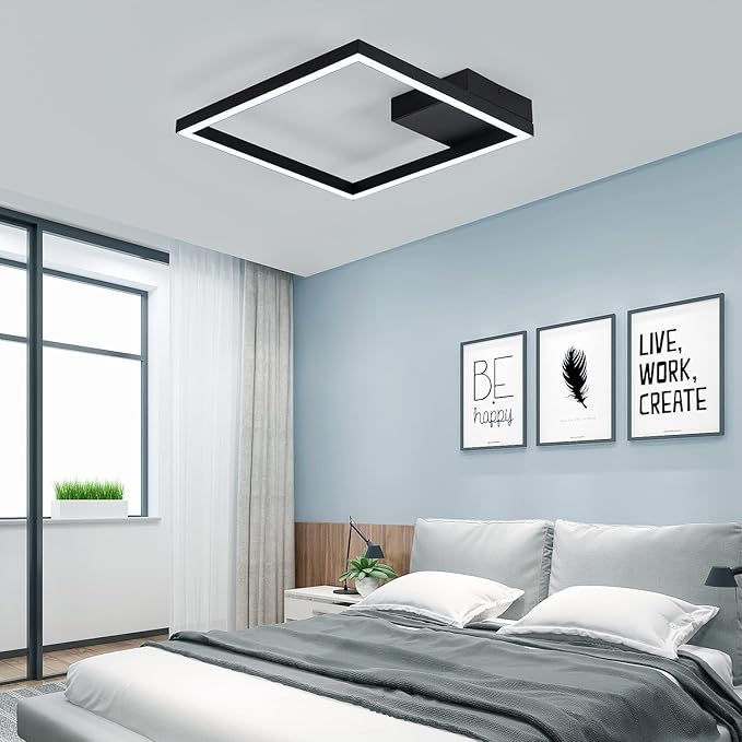 MADEM Modern LED Ceiling Light 15.74'' Black Flush Mount Ceiling Light 2160LM 27W LED Chandelier Square Ceiling Lamp Fixture for Bedroom Dining Room Living Room