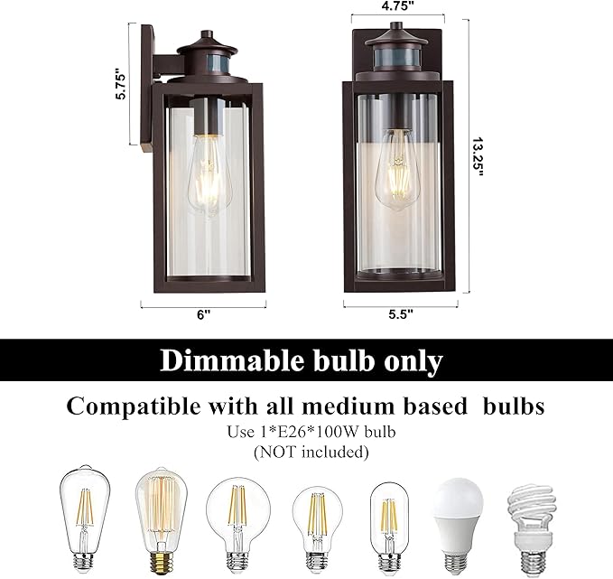 MICSIU Bronze Motion Sensor Exterior Wall Light 2 Pack, Waterproof Dusk to Dawn Outdoor Lighting with Clear Glass, 13 Inch Outside Porch Light for House, Front Porch, Garage, Walkway
