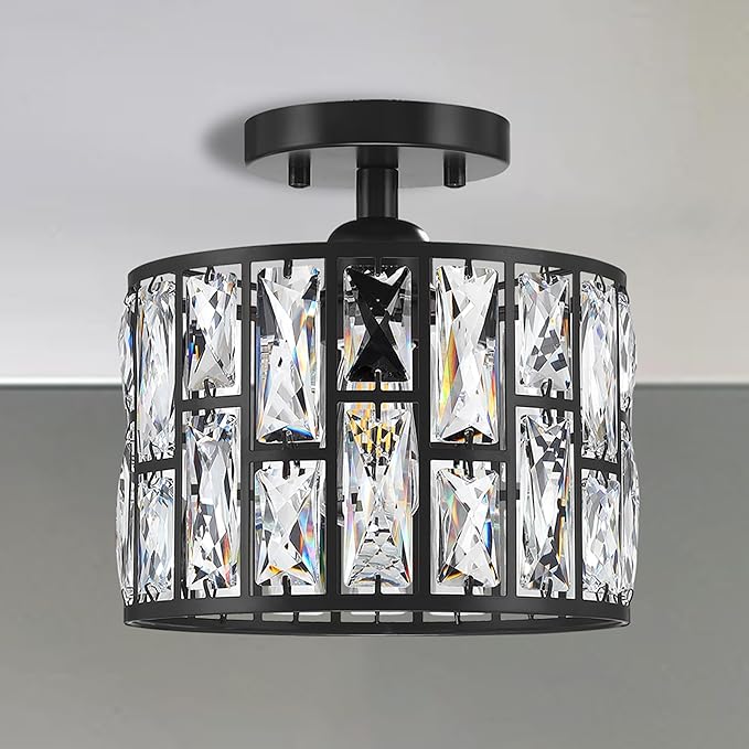 1 Light 9.25" Crystal Hanging Kitchen Island Ceiling Light Black Finish,Concise Semi Flush Mount Fixture Crystal Pendant Chandelier Shade for Bar,Dining Room,Living Room Over Sink
