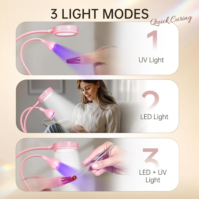 AORAEM LED Nail Lamp Double-Headed UV LED Light Quicky-Dry Duck Neck UV Lamp Dryer Curing Light with Portable Gooseneck and Clamp Flash Cure U V Light for Gel Nails Professional Home DIY Salon Pink