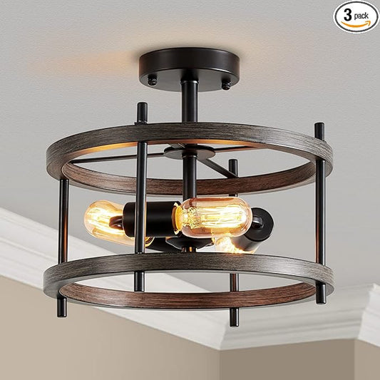 AGV LIGHTING Semi Flush Mount Ceiling Light Fixture, 3-Light Farmhouse Light Fixture Ceiling Mount Wooden Textures with Black