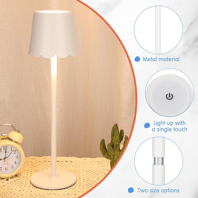 Pickmesh 1 Pack Scalloped Touch Cordless Table Lamp Rechargeable 4000mAh Battery 3 Color Stepless Dimmable Portable LED Desk Light for Mahjong Gift Bedroom Wedding Bars Outdoor Party Home Décor(White)
